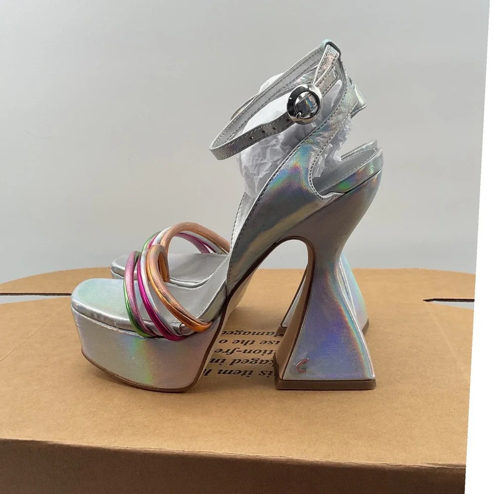 Circus NY Sam Edelman Silver Holographic Multi Strap Platform Flared Heel Sandal